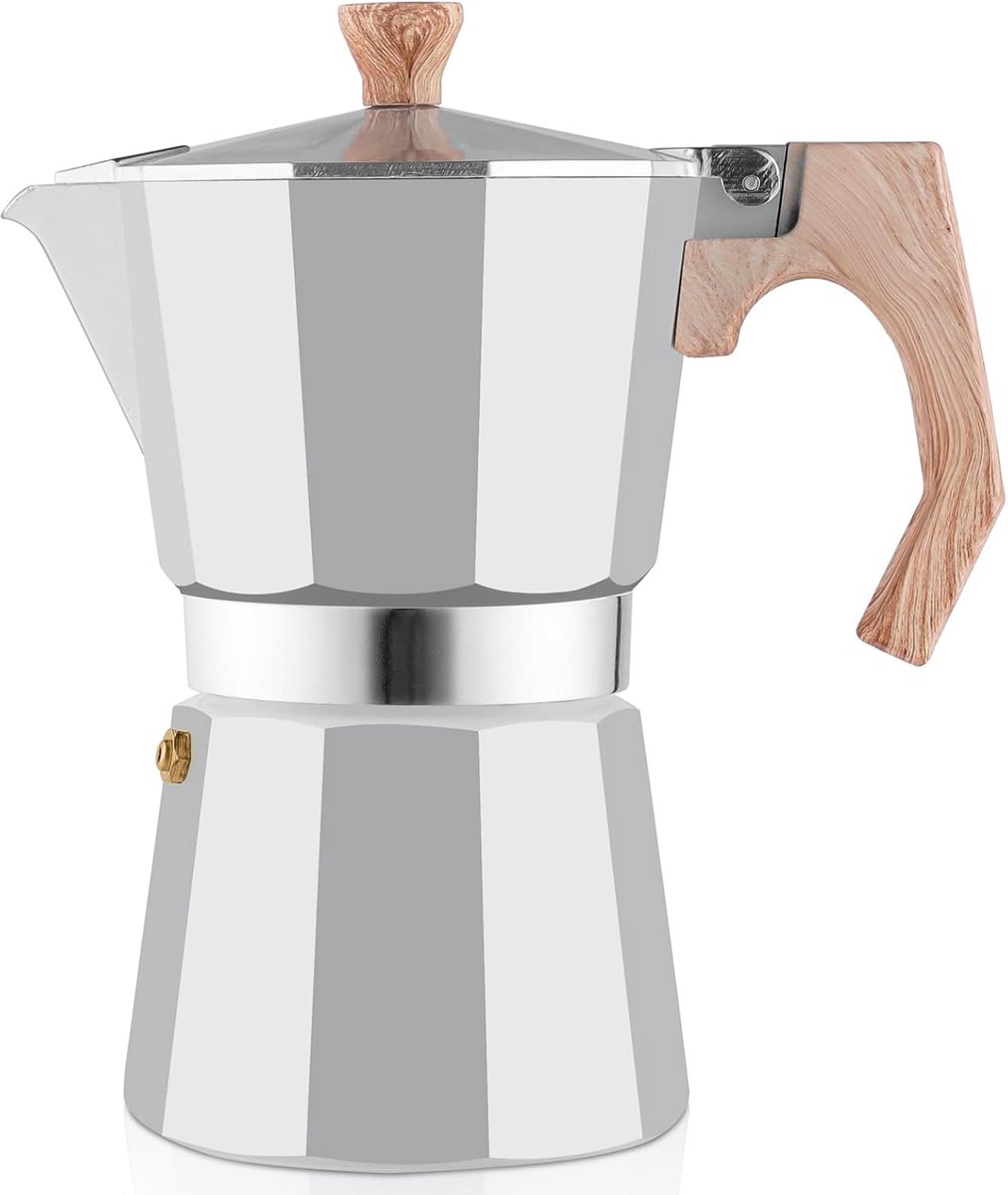 Wedrink Moka Stove Espressomachine, 9 kopjes, 6 kopjes, Italiaanse espressomachine, mokka-pot 300 ml - 450 ml, verbrandingsbestendig houten handvat (6 kopjes, zilver)