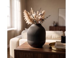 AUREA Geribbelde Vaas Zwart – Bloemenvaas voor Droogbloemen – Mat Zwart Design – 21,5 cm
