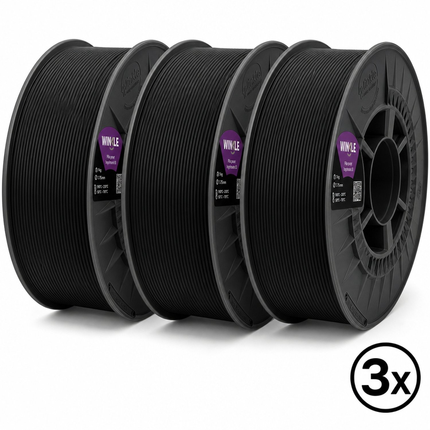 Winkle PLA HD 3D Filament - Filament voor 3D printer - Hoge Nauwkeurigheid - Zwart - Ø 1,75 mm - 3x1 kg 3x Zwart