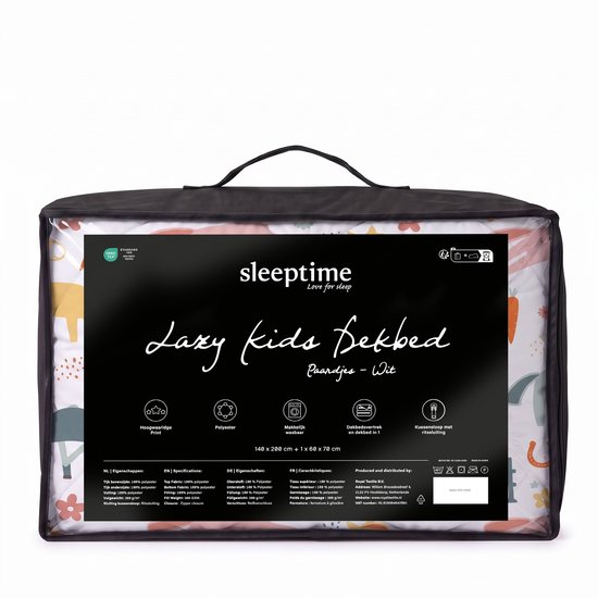 Verpakking met 'Sleeptime Lazy kids Dekbed Paardjes - Wit', 140x200 cm, 100% polyester, wasbaar.