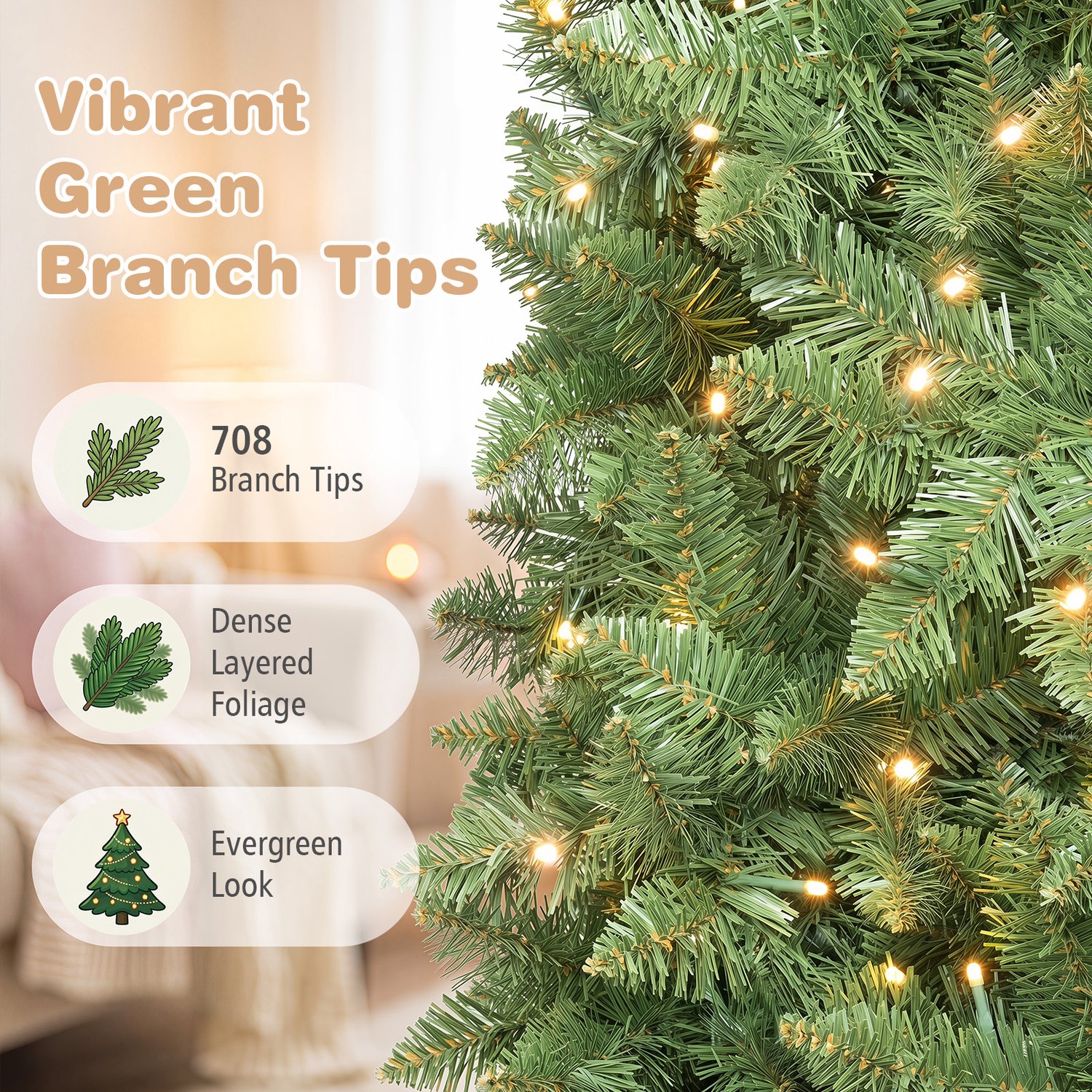 COSTWAY 200 cm Kunstkerstboom smal met verlichting - 708 takken - 250 warmwitte LED-lampjes - Metalen Standaard - Snelle Montage – foto 5