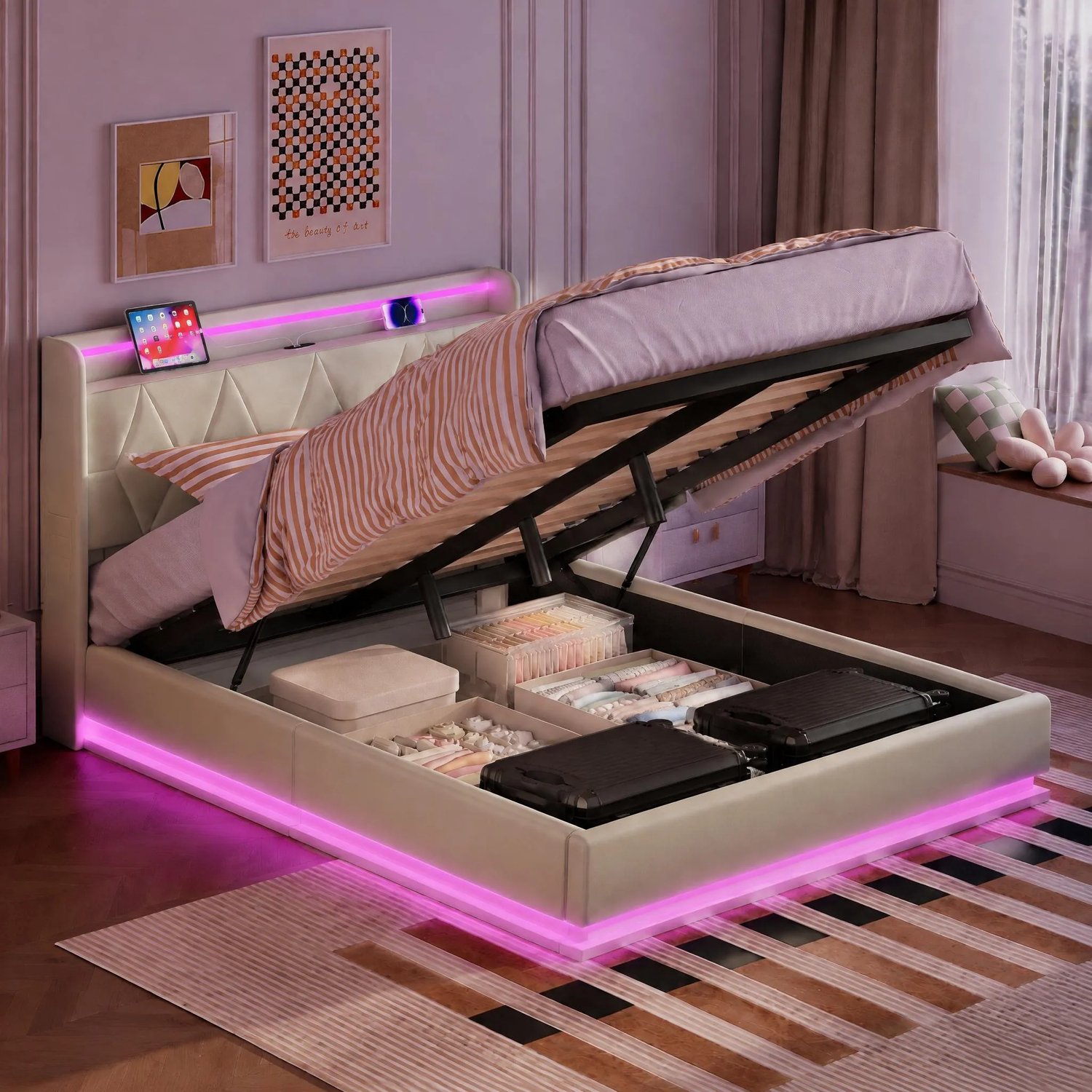 Boxspringbed Gestoffeerd bed 160x200 cm met LED & Opbergruimte – Tweepersoonsbed met USB-Stopcontacten en Lattenbodem – Fluweel Beige – Zonder Matras