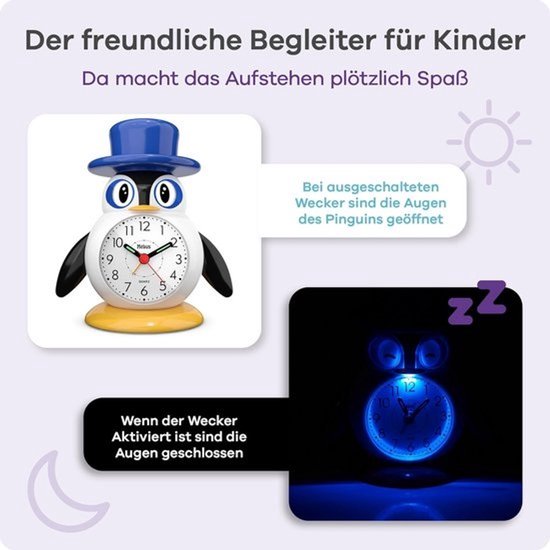 Analoge kinderwekker in pinguïnvorm - Licht, snooze en bewegende ogen — afbeelding 2