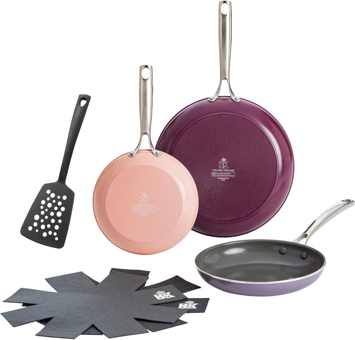 BK Sky Violet 3-delige koekenpannenset 20+24+28cm met nylon spatel en pan protectors