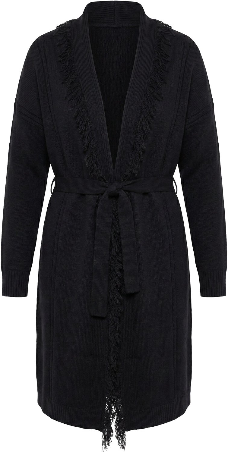 Ulla Popken - Dames - Lang gebreid vest franjes oversized sjaalkraag - Zwart - Maat 50+