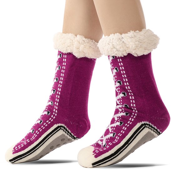 Een paar donkerpaarse, dikke, warme sokken - geschikt voor damesmaten 35-40 - antislip loungesokken - gemaakt van acryl - warm en comfortabel - geschikt voor dames — afbeelding 4