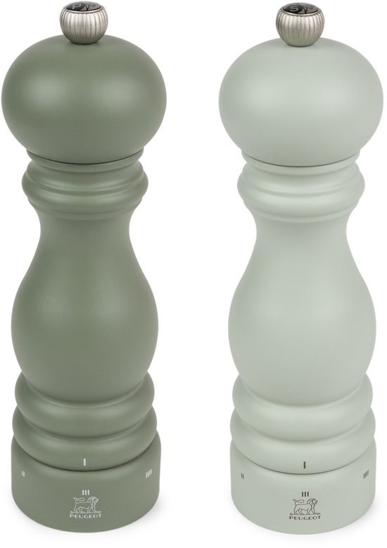 Set Peugeot Paris peper- en zoutmolens in mat varengroen en saliegroen, 20 cm met verstelbare u'Select maalgraad.
