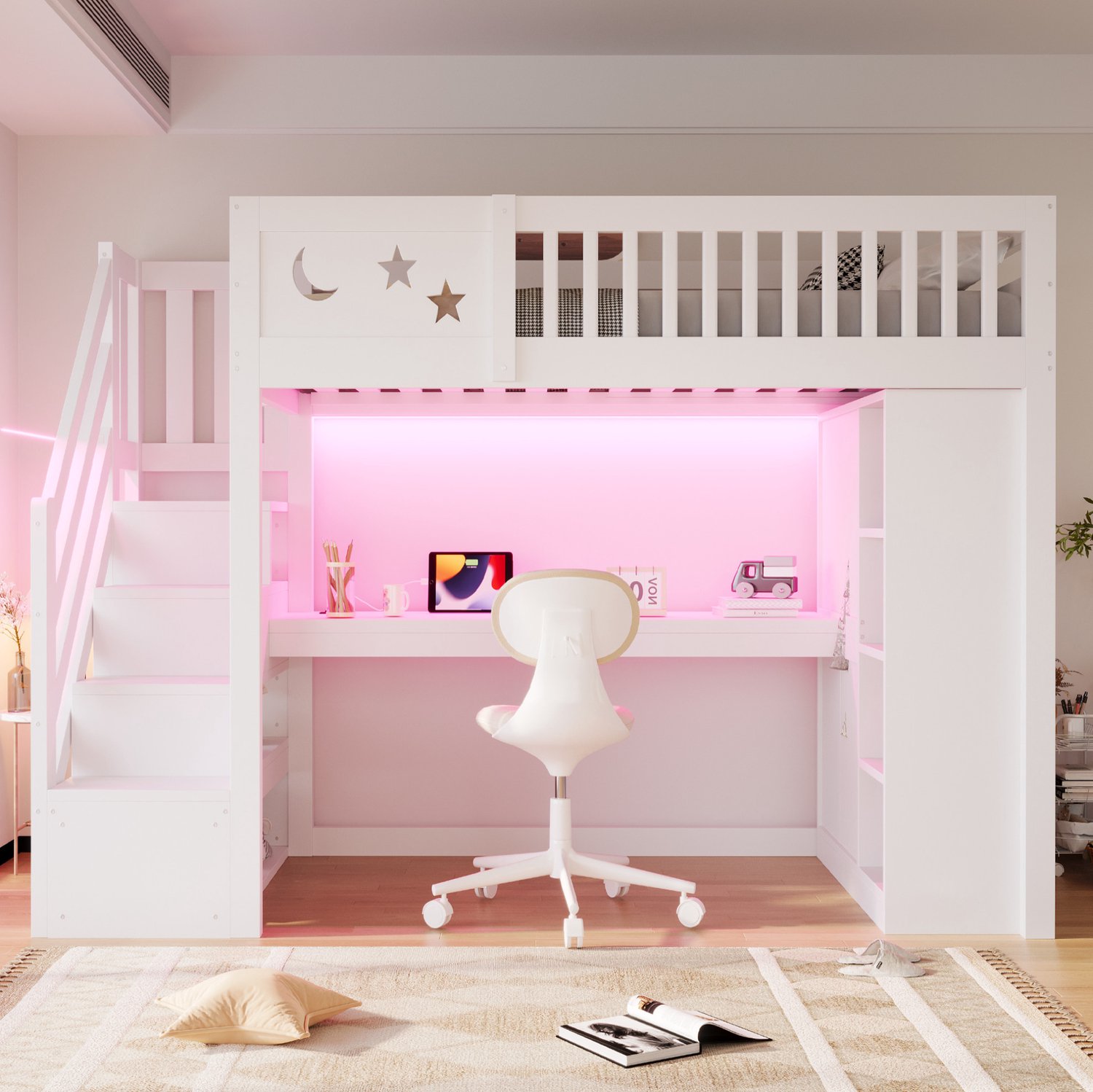 Wishdor Hoogslaper 90 x 200 cm - Met bureau en opbergruimte - LED-verlichting en stopcontacten - Met kledingkast en open planken - Modern design - Kinderkamer - Hout en MDF - Wit