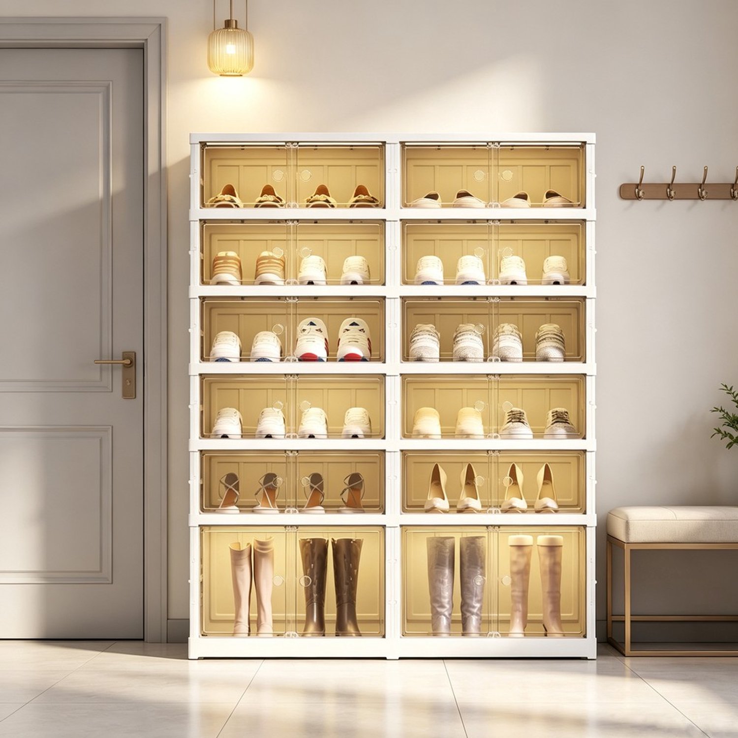 Pugsdrly Opvouwbare schoenenkast van PP, 6-laags met halfdoorzichtige magneetdeur, ruimte voor 24 paar schoenen, laarzenvak, verborgen zwenkwielen, zonder gereedschap op te bouwen, draagbaar voor de hal en het appartement Wit