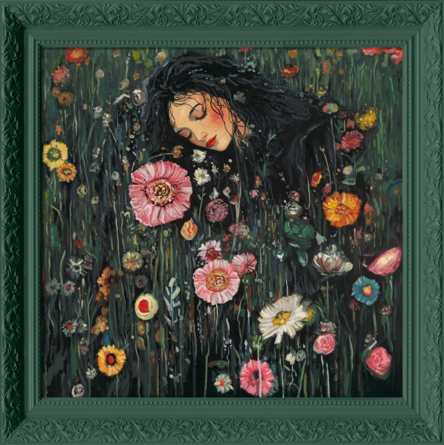 Schilderij met lijst tussen de bloemen 70x70cm