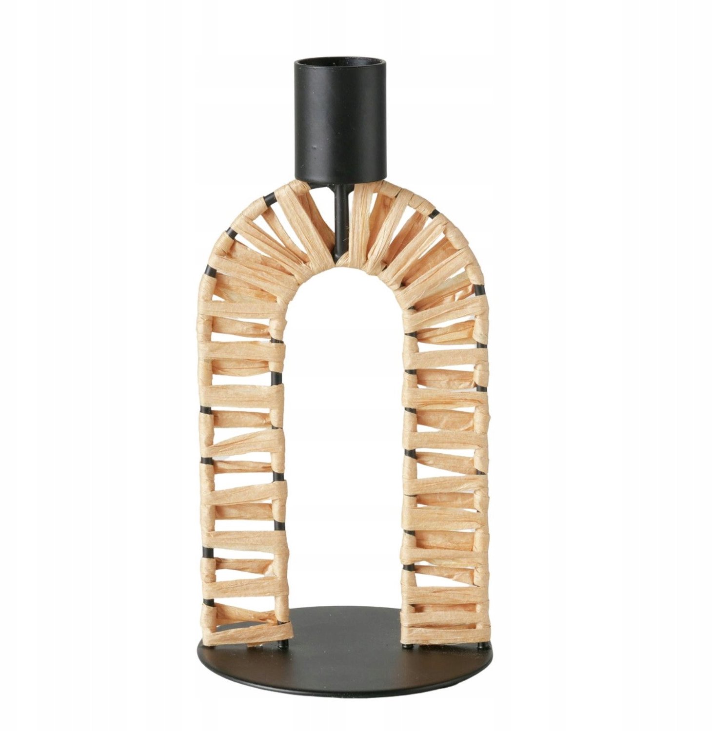 Boltze metalen kandelaar Toke met rietvlechtwerk - 16 cm, modern Beige