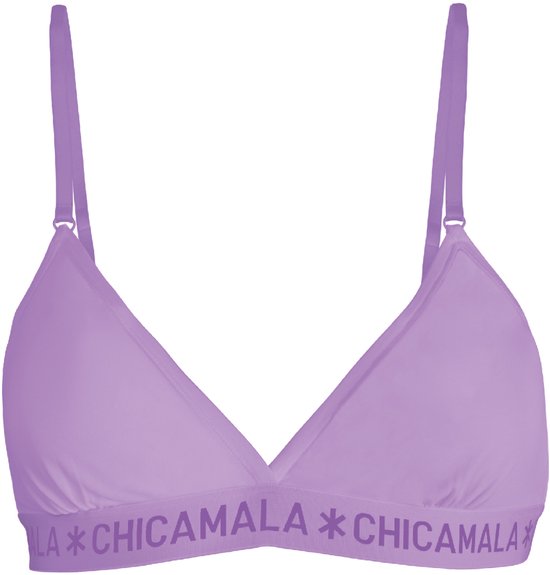 Lichtpaarse driehoek-bh met verstelbare bandjes en een elastische band met het logo van Chicamala.
