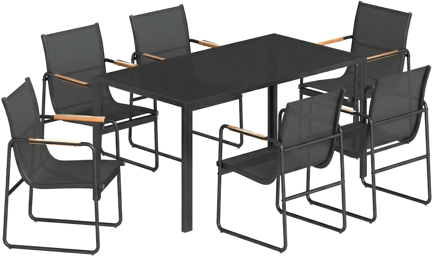 Sunona 7-delige tuinset - Met glazen tafel en 6 stoelen - 150 x 80 x 73 cm - Zwart