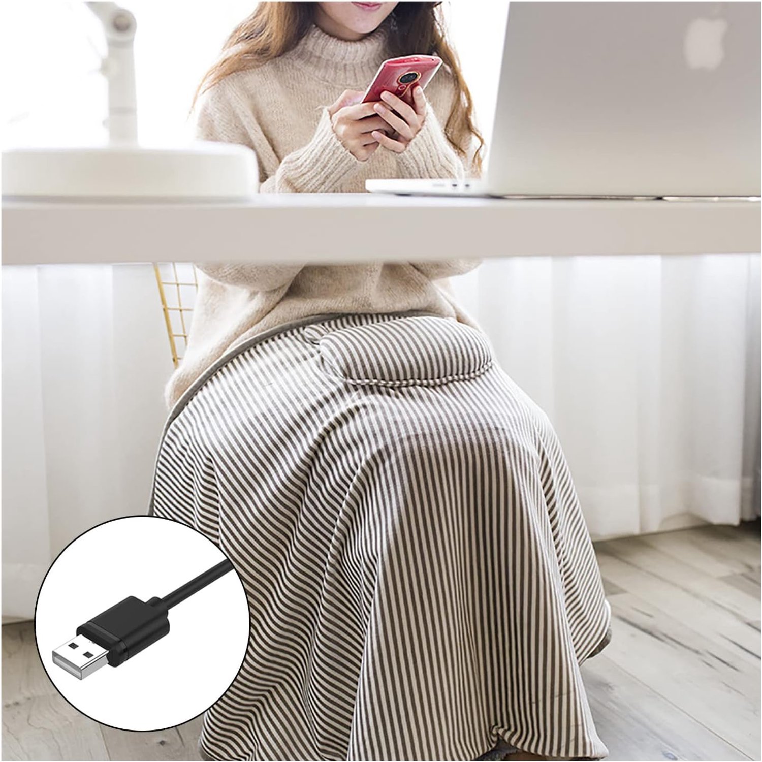Draagbare Usb Verwarming Deken Gooi Elektrische Wasbare Verwarmde Gooi Deken Usb Verwarmde Sjaal Draadloze Wrap Kaki Streep
