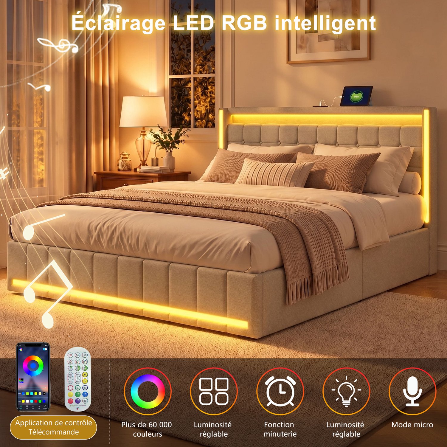 ROSAHQNDA Gestoffeerd bed 140 x 190 cm, tweepersoonsbed met ledverlichting, 4 lades en lattenbodem, hoofdbord met opbergruimte en USB-aansluiting, multifunctioneel bed, opbergbed, tienerbed, rugleuning, bedframe, linnenlook, beige, zonder matras