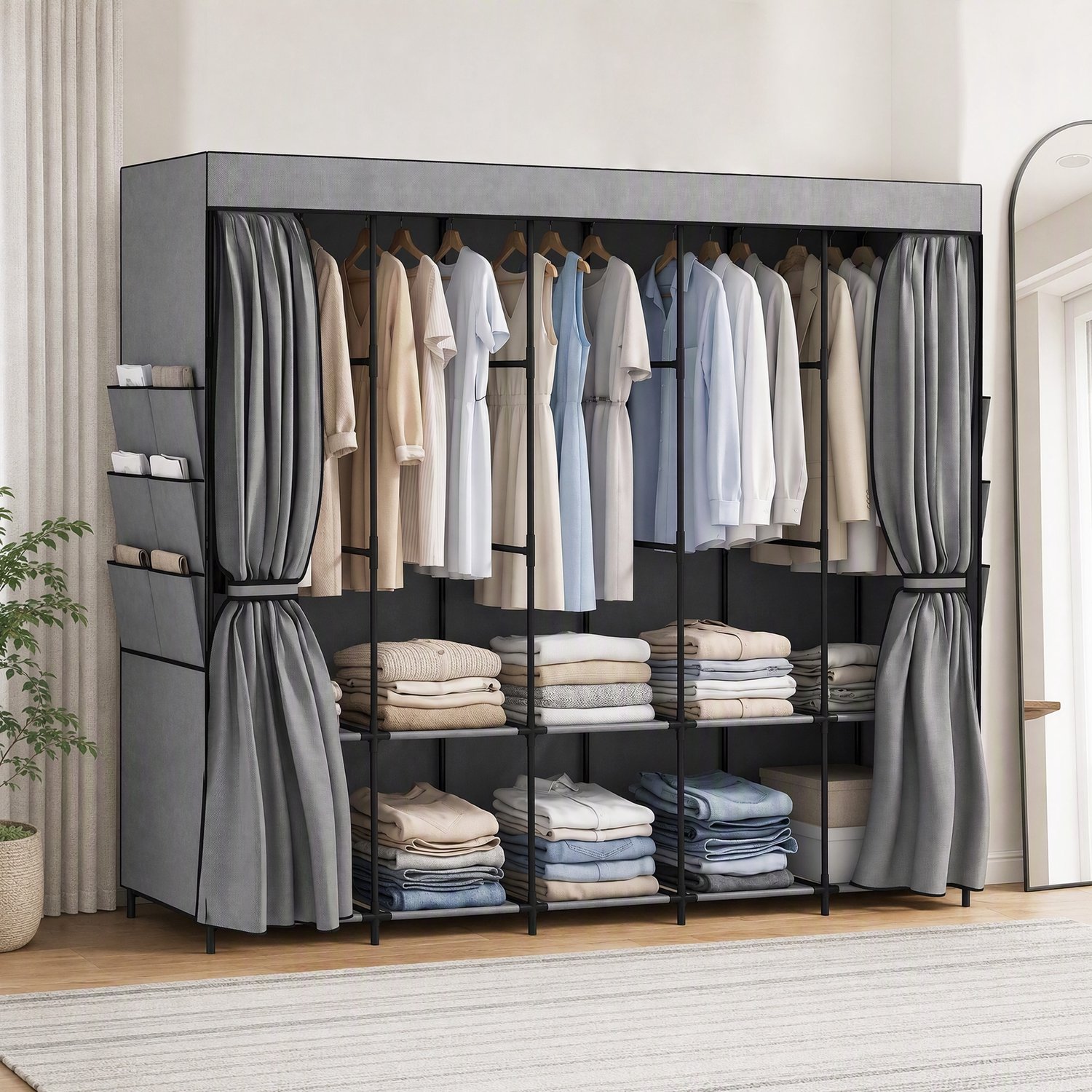 TEKROA® Kledingkasten - Stoffen kledingkast - met 5 kledingroedes - 5 legplanken - 6 zijvakken - ritssluiting en stalen frame – 212x45x167 cm – Grijs