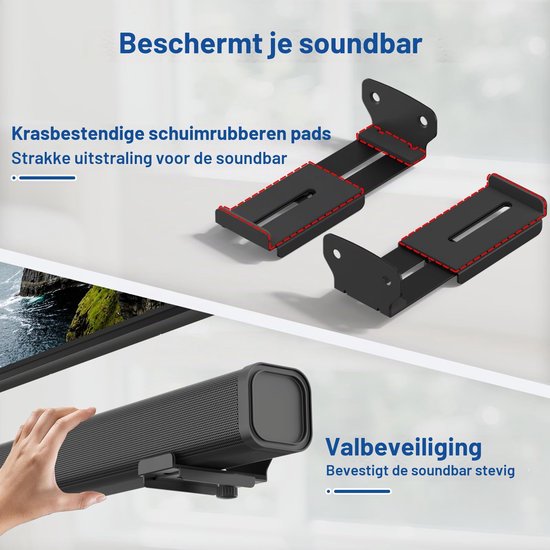 Soundbar Muurbeugel voor,, en. Soundbarbeugel met verstelbare diepte van 8,9 tot 15,1 cm. Soundbar wordt onder de tv gemonteerd en heeft een draagvermogen tot 17,2 kg. — afbeelding 3