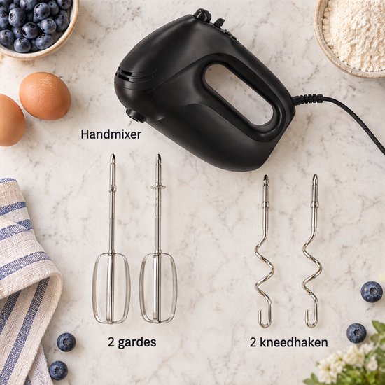 Cheqo® Handmixer Elektrisch met Gardes en Kneedhaken - Keukenmixer - 300W - 5 Snelheden met Turbofunctie - Eierklopper - Elektrische Garde - Mixer voor Beslag, Deeg en Slagroom - Handmixer Zwart - Bakbenodigdheden - Keukenapparatuur van Cheqo — afbeelding 5