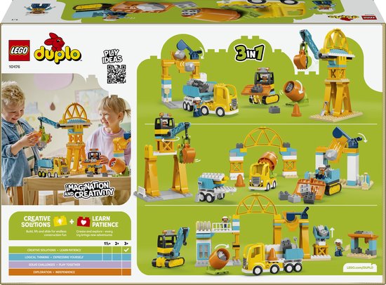 Dos de la boîte LEGO DUPLO 3-en-1 montrant différentes options de construction, idées créatives et texte.