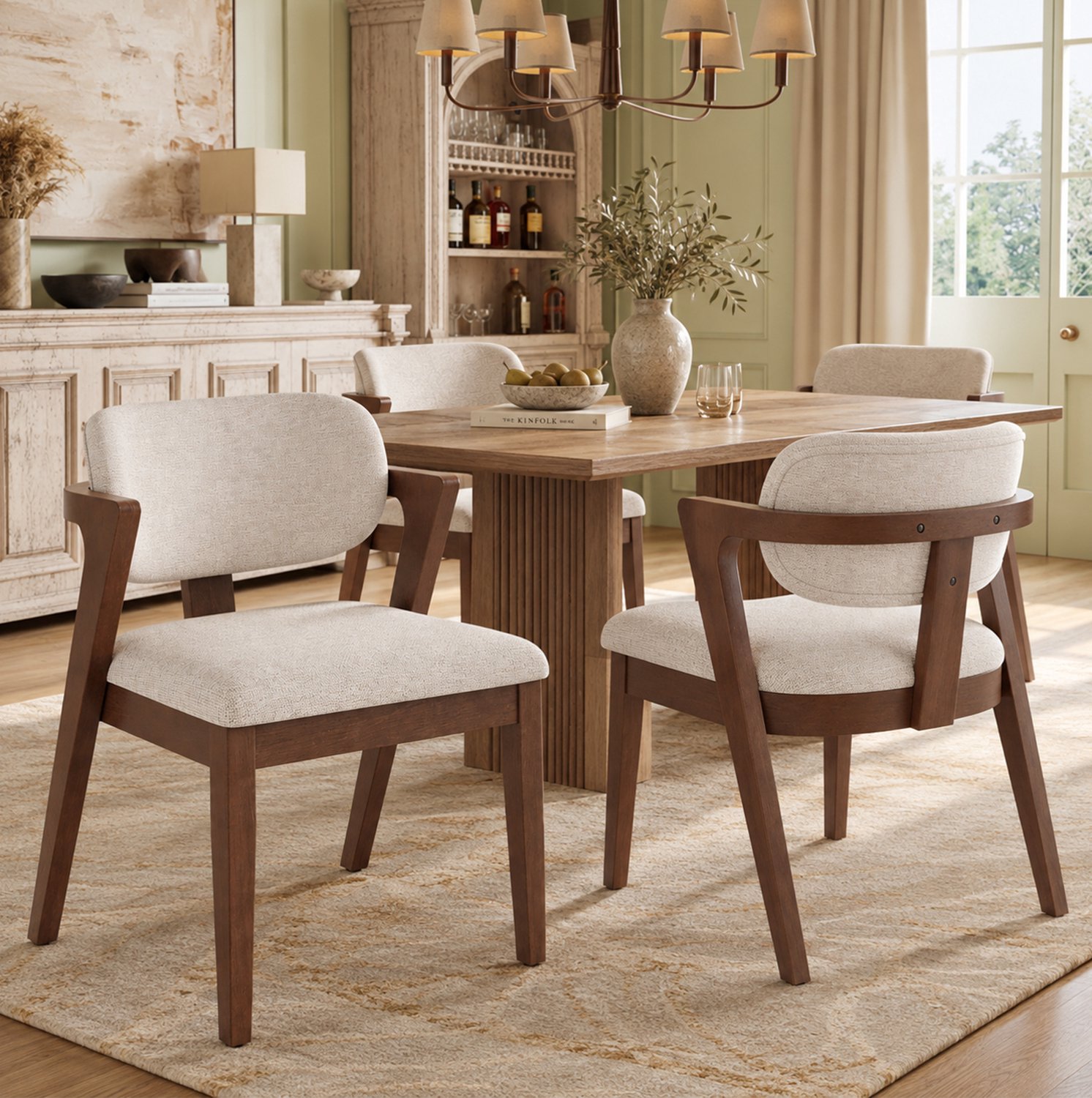 MODFU Eetkamerstoel Set Van 2 - Armleuningen - Modern - Hout En Linnen - Walnoot Beige Walnootkleur