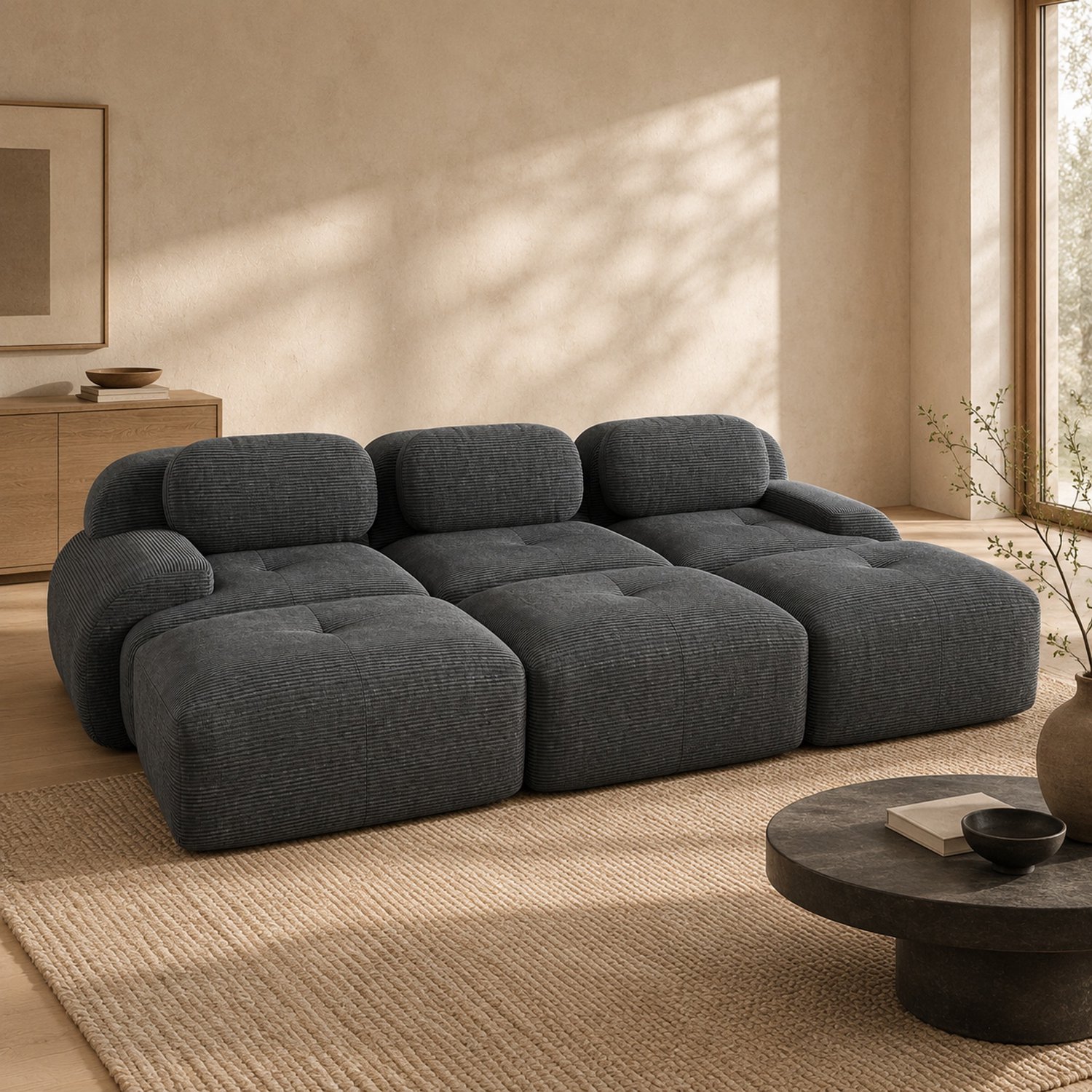 WUVRIE Modulaire hoekbank 298x178 cm - 3-zits met 3 hockers en brede armleuningen - Grijs