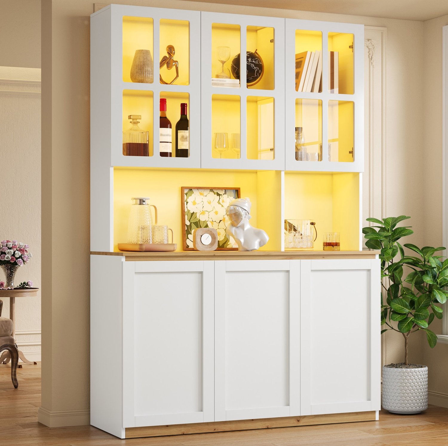 STILVORA Vitrinekast - Ledverlichting Met Glazen Deuren - Buffetkast Voor Woonkamer En Eetkamer - MDF En Glas - 120x24,5x200 Cm - Wit; Eikenlook Wit met houtlook