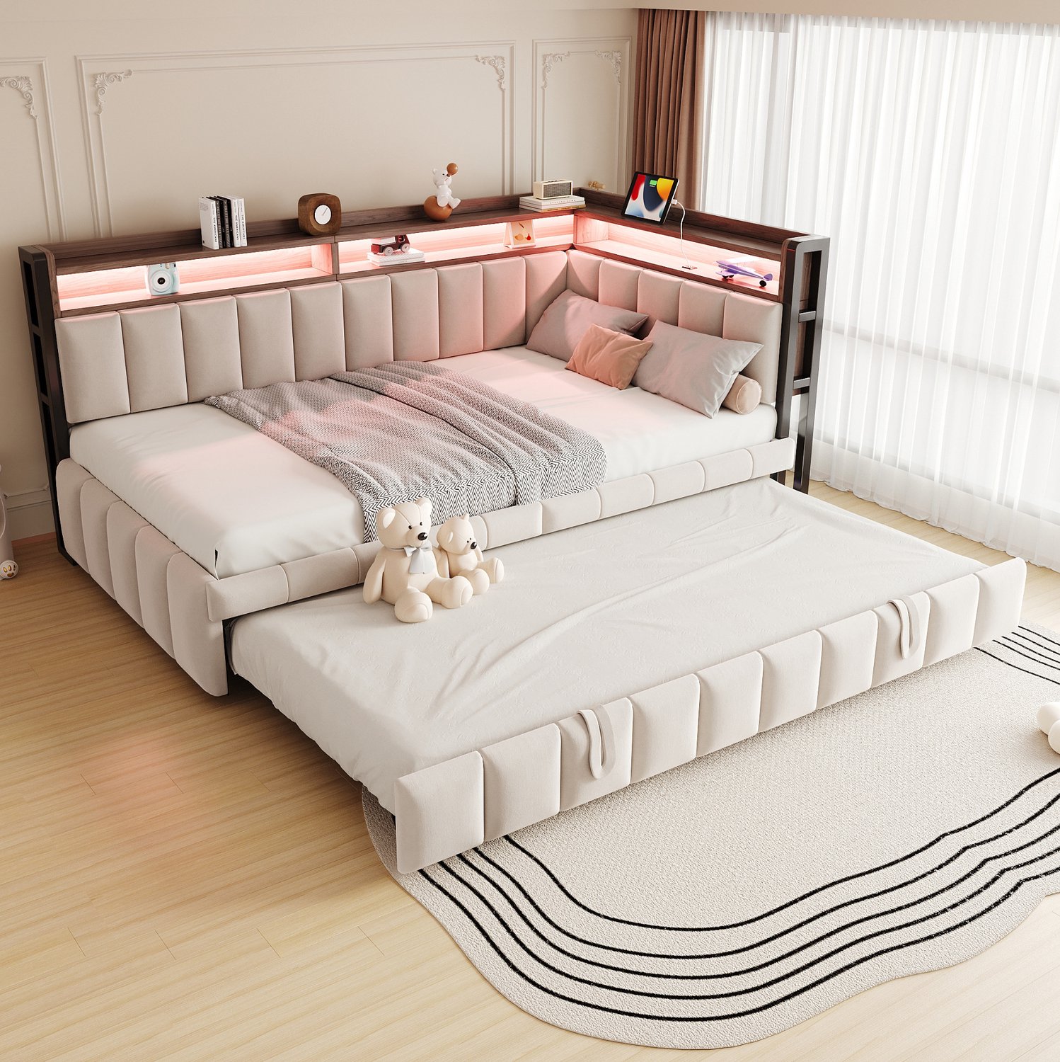 MODENUIT Slaapbank – 90 x 200 cm – Uitschuifbed met LED-verlichting – Stof – Beige – USB- en Type-C-aansluitingen