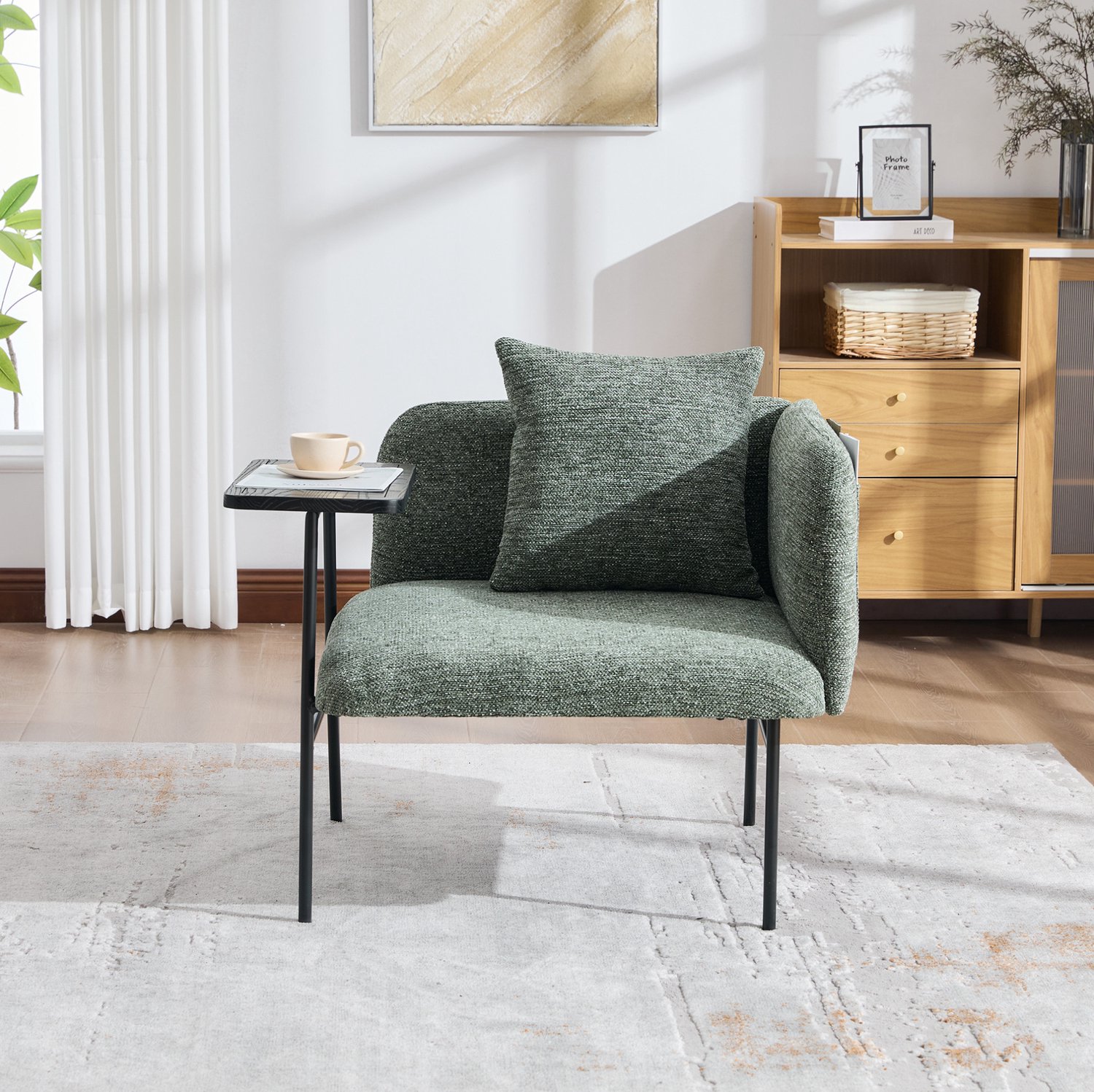 CHICFURN Fauteuil - Met bijzettafel en opbergvakken - Metalen frame - Emerald Smaragdgroen