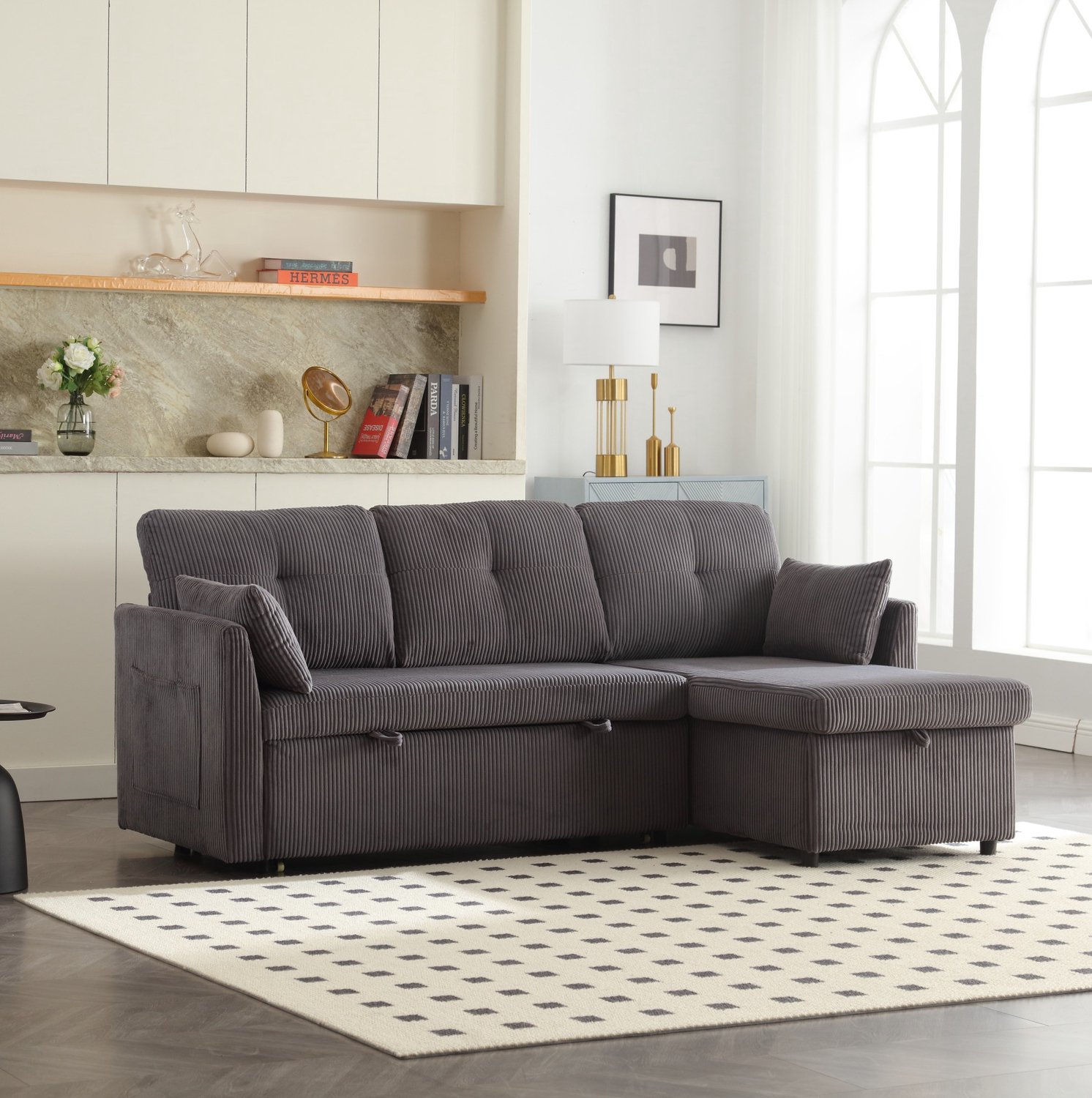 Wishdor Modulaire hoekbank met slaapfunctie en opbergruimte - Verwisselbare chaiselongue - Zijvakken - Vijf kussens - Woonkamer logeerkamer - Ribstof - Donkergrijs - 206 x 108 x 66 cm