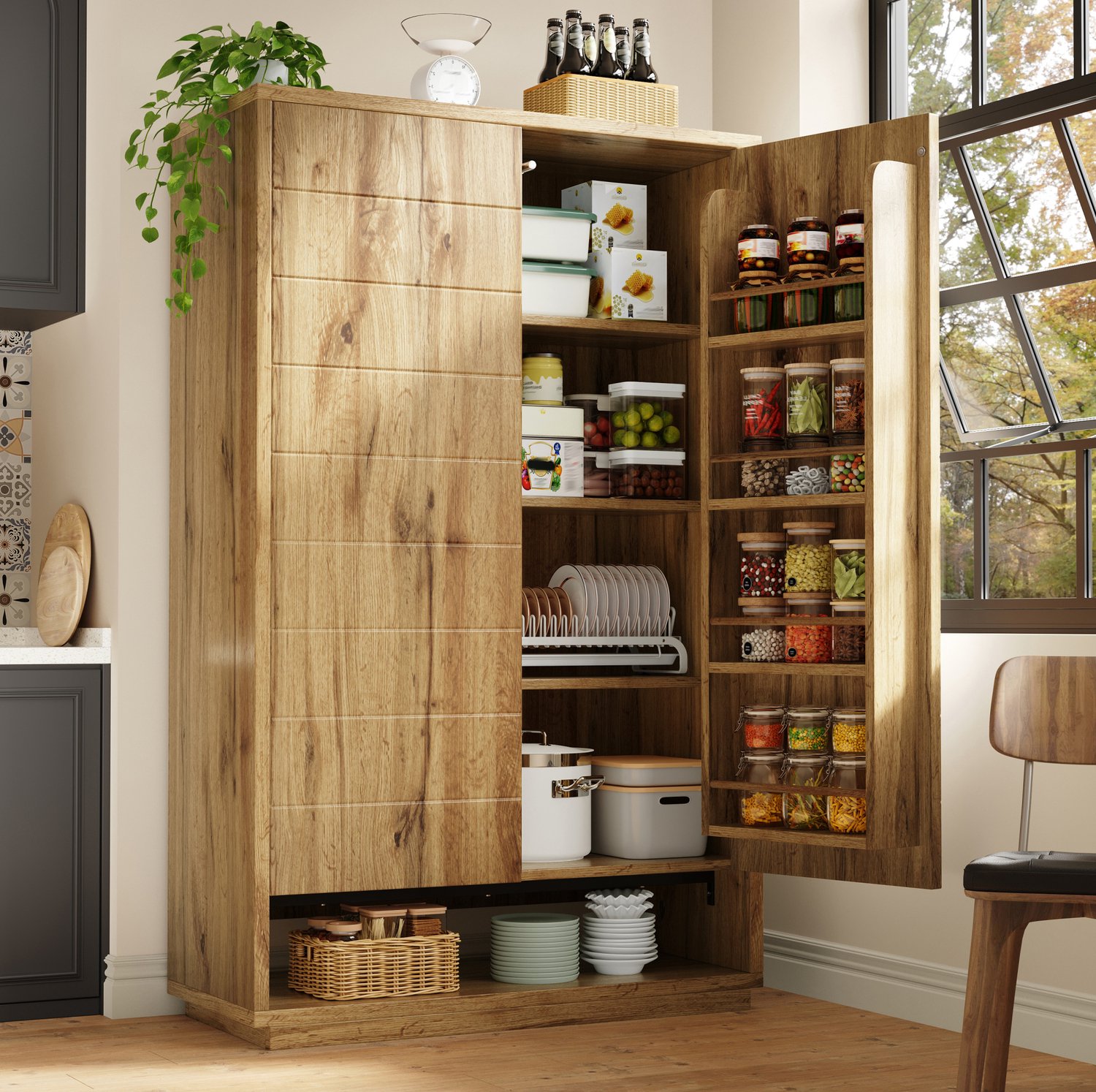 MIVRAY Keukenkast - Hoge Kast Met Greeploze Deuren En Drukopening - Voor Keuken - MDF Met Houtuitstraling - 100x40x162,5 Cm - Licht Eiken