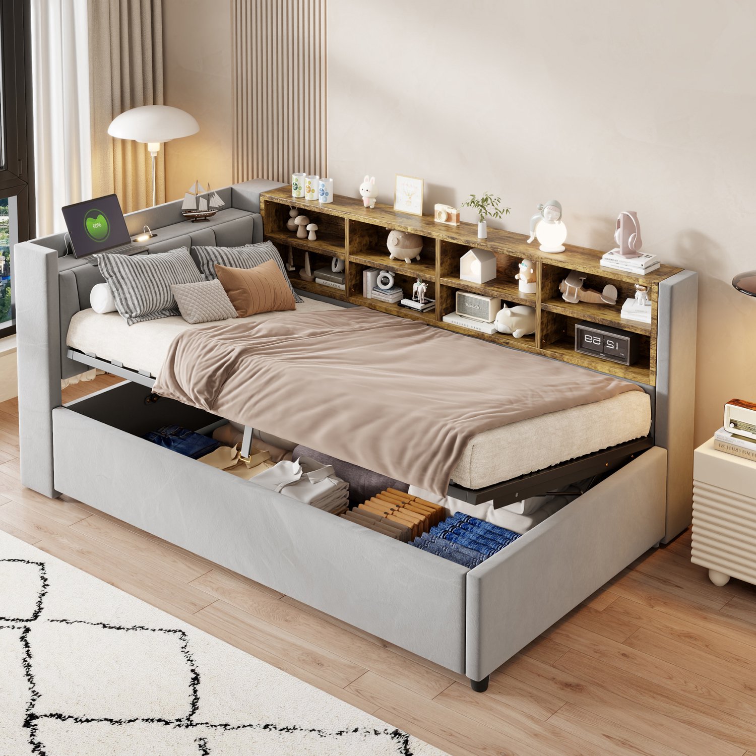 OOIILLEE Gepolsterd bed Slaapbank 90*200 cm, Met hydraulische opbergruimte, Met nachtlampje, USB- en Type-C-oplaadpoort, Met legborden en opbergvakken, Gepolsterd hoofdeinde, Multifunctioneel bed, Fluweelstof, Lichtgrijs