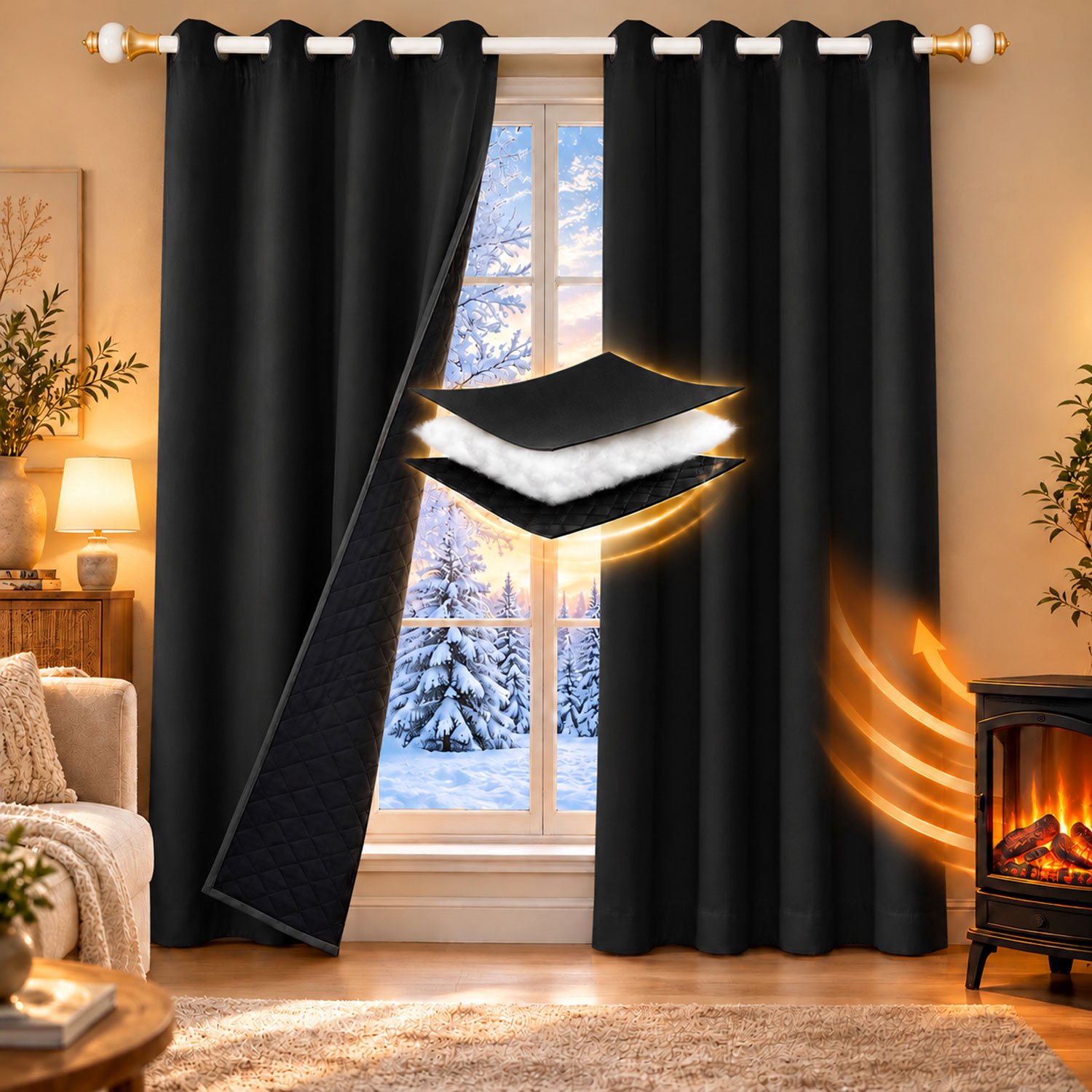 Qelus Set van 2 Gewatteerd Polyester Gordijn met Ringen - Zwart - 132 x 244 cm - 3-laags Thermisch, Geluidsdempend en Lichtwerend - Zwarte Voering - Voor de Slaapkamer, Woonkamer en Binnendeuren Zwart - 2 Stuks