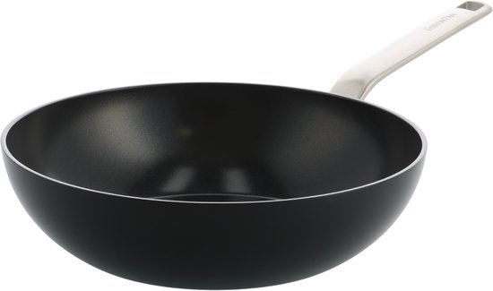 GreenPan Evolution Black Wokpan 28cm/3.6L - PFAS-vrije antikleeflaag - Inductie Wokpan - Keramische pan - Ovenbestendig tot 200°C - RVS handgrepen - Zonder deksel - Zwart
