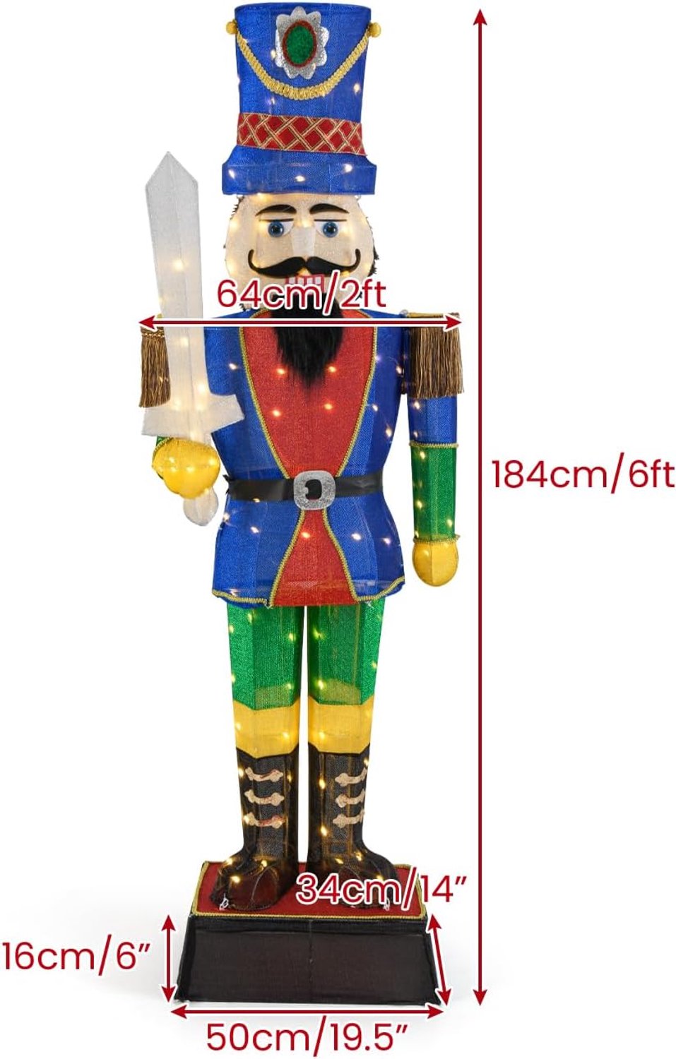 KOMFOTTEU 184 cm led notenkraker figuur groot - verlichte notenkraker soldaat - met ledlampen, zwaard, kerstfiguur, soldaat - kerstdecoratie voor buiten, tuin, thuis, kerstdecoratie (2 stuks) – foto 3