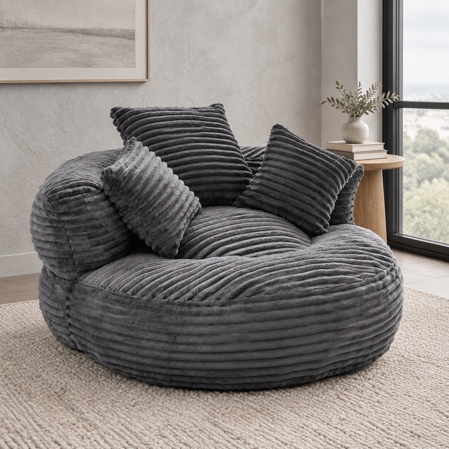 WUVRIE Zitzak 108 x 108 x 52 cm - Hoge rugleuning, armleuningen en 3 kussens - Donkergrijs