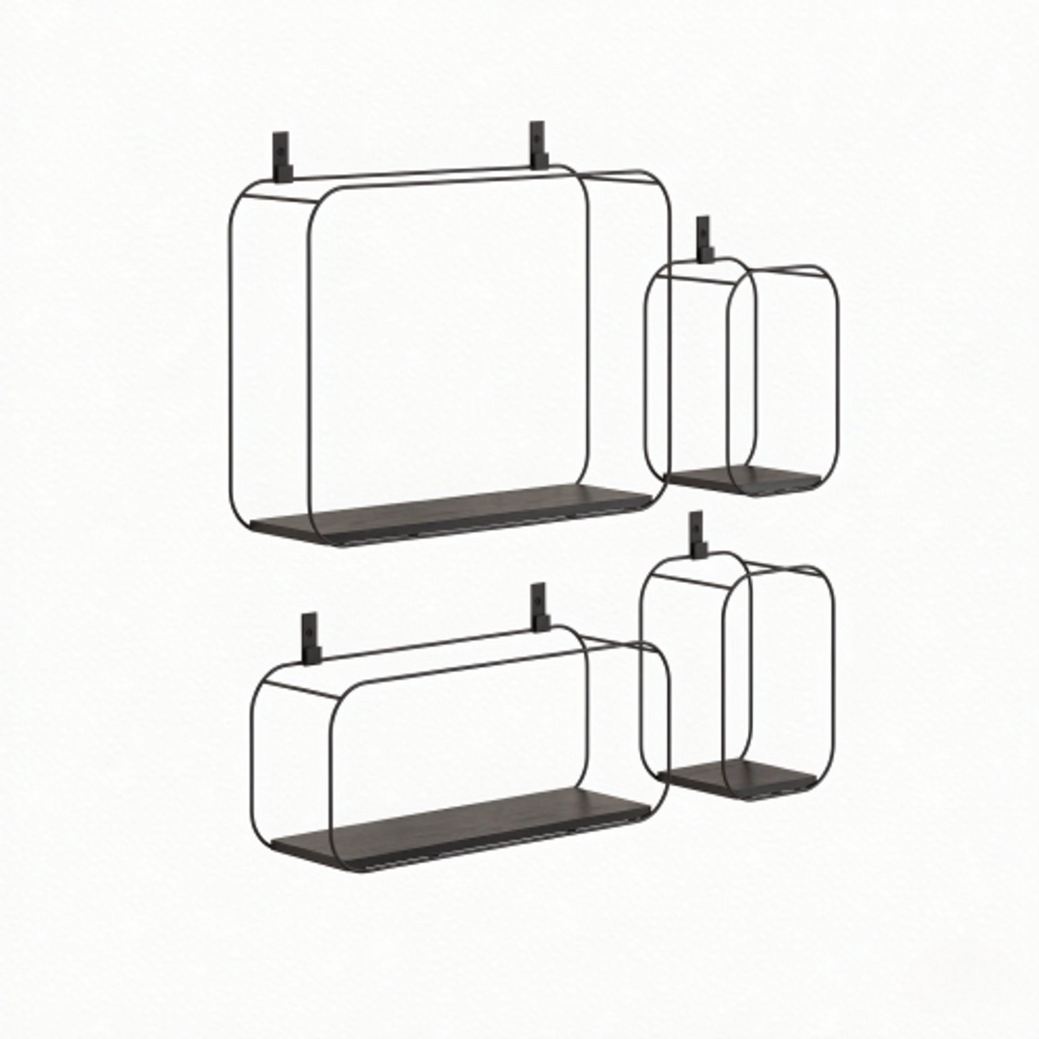 4-delige set industriële wandplanken, geometrische zwevende wandrekken van zwart metaal, grootste 43 × 12 × 32 cm
