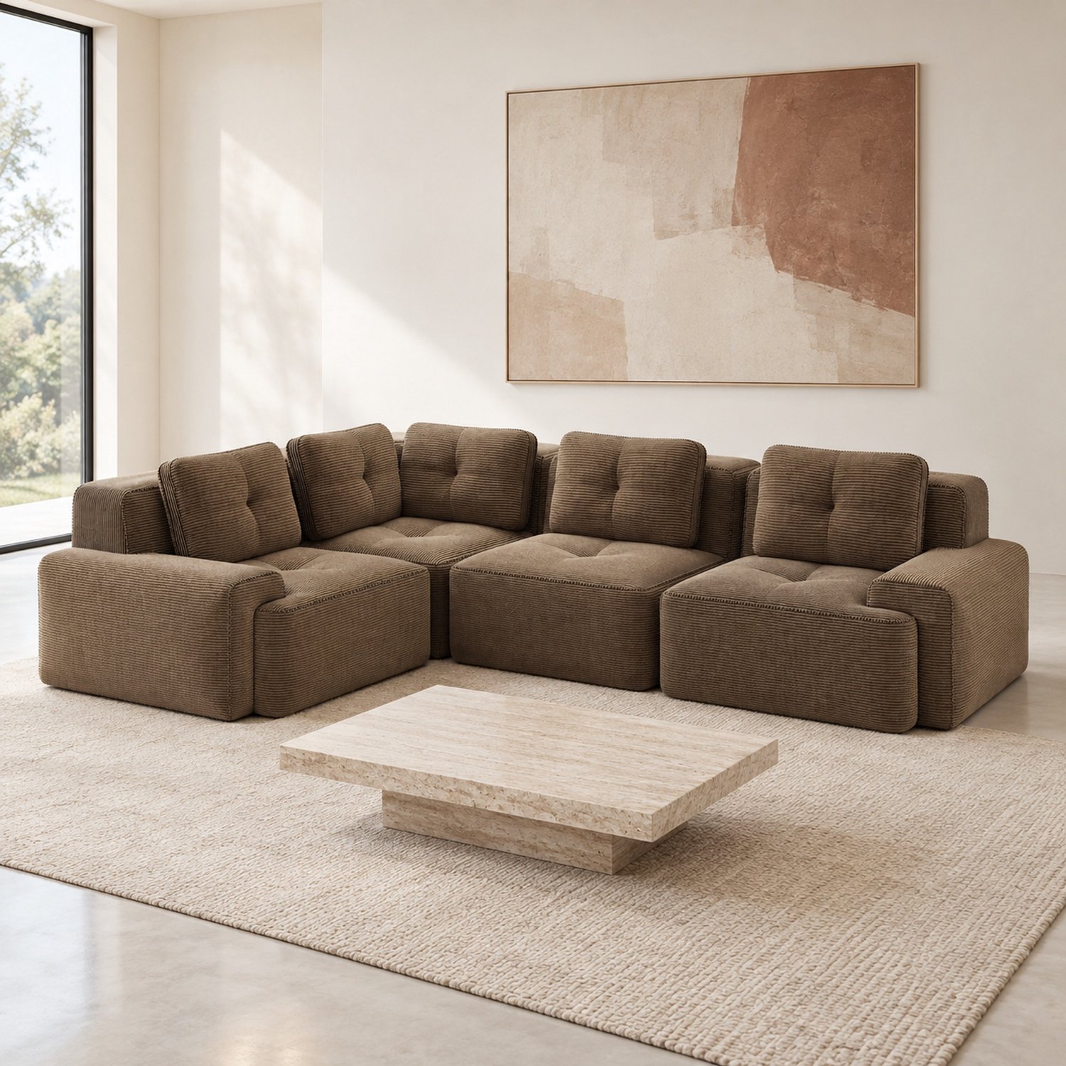 WUVRIE Modulaire hoekbank 295x206 cm - 4-zits van corduroy met brede armleuningen - Bruin