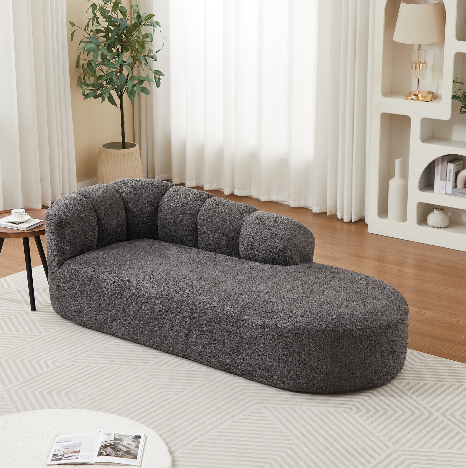 Wishdor Chaise longue met golvende rugleuning - Zonder armleuningen - Zacht gestoffeerd - Modern minimalistisch - Woonkamer slaapkamer leeshoek - Chenille - Donkergrijs - 204 x 87 x 66 cm