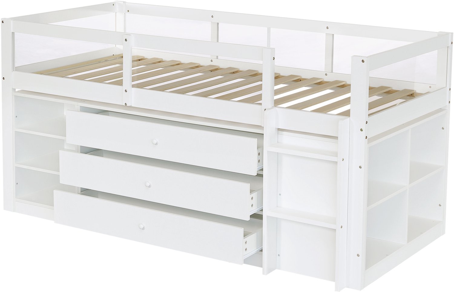 DESMIU Kinderbed 90x200 cm – Halfhoogslaper Met Acryl Uitvalbeveiliging – 3 Lades En 7 Open Vakken – Hout En MDF – Wit – Zonder Matras