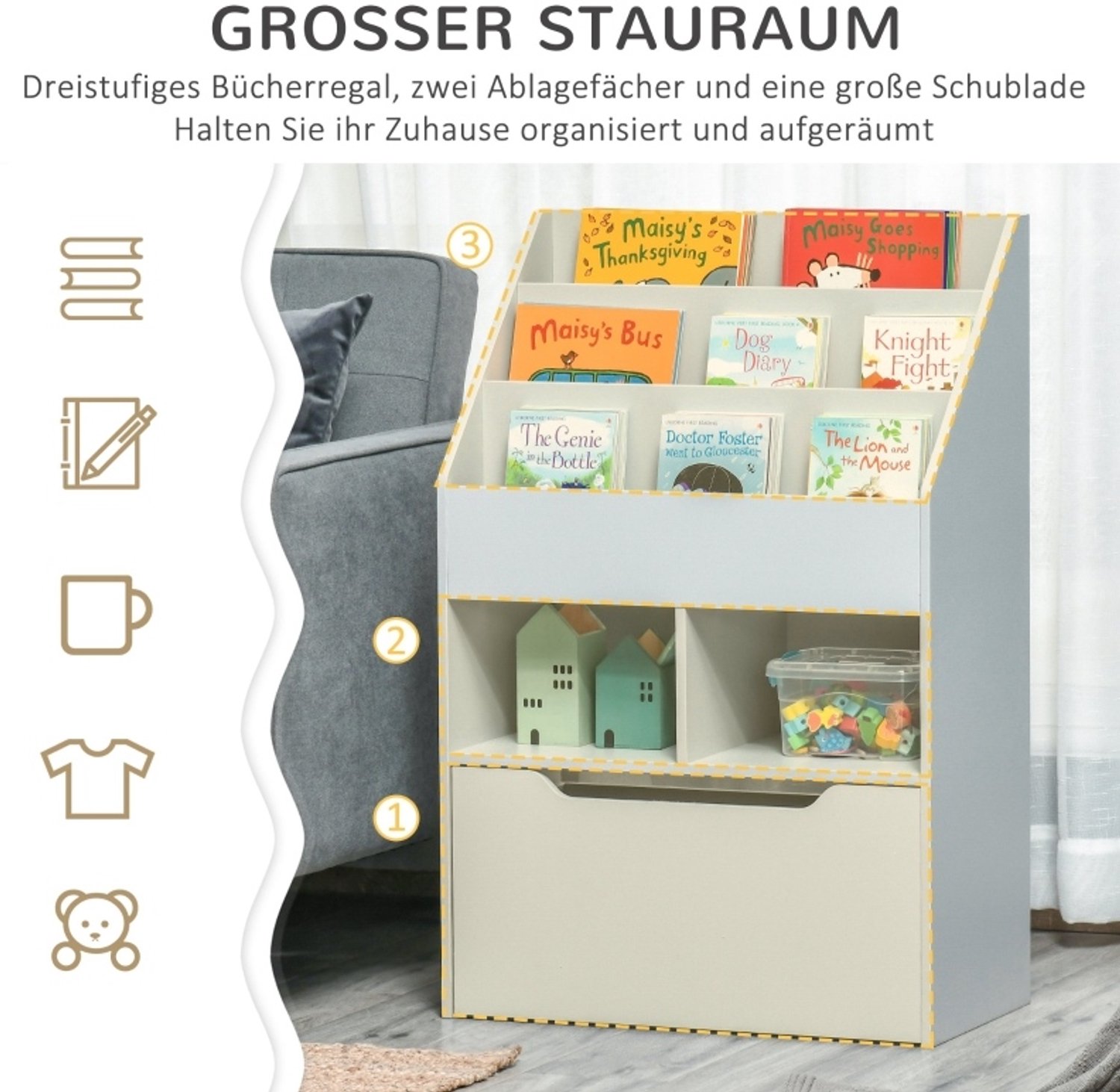 MIVRAY Kinderboekenkast – 60 X 29,9 X 90 Cm – MDF Met Melamine Afwerking – Grijs – Lade Op Wielen Voor Kinderkamer