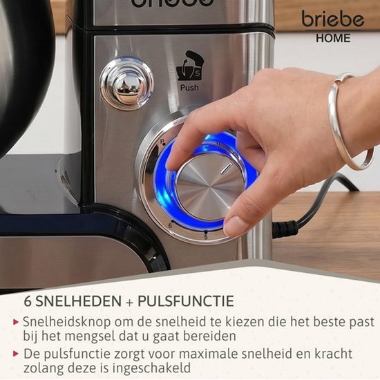 Keukenmachine 1800 W - 5 Liter Mengkom - Roestvrij Staal - 6 Snelheden Plus Pulsfunctie - Professionele Kneedmachine — afbeelding 3