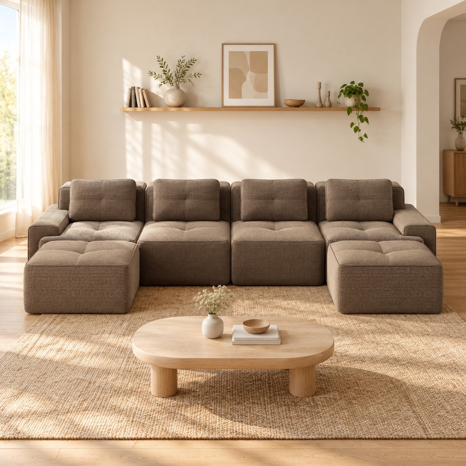 WUVRIE Modulaire U-bank 382x177x69 cm - 4-zits van corduroy met diepe zit - Bruin