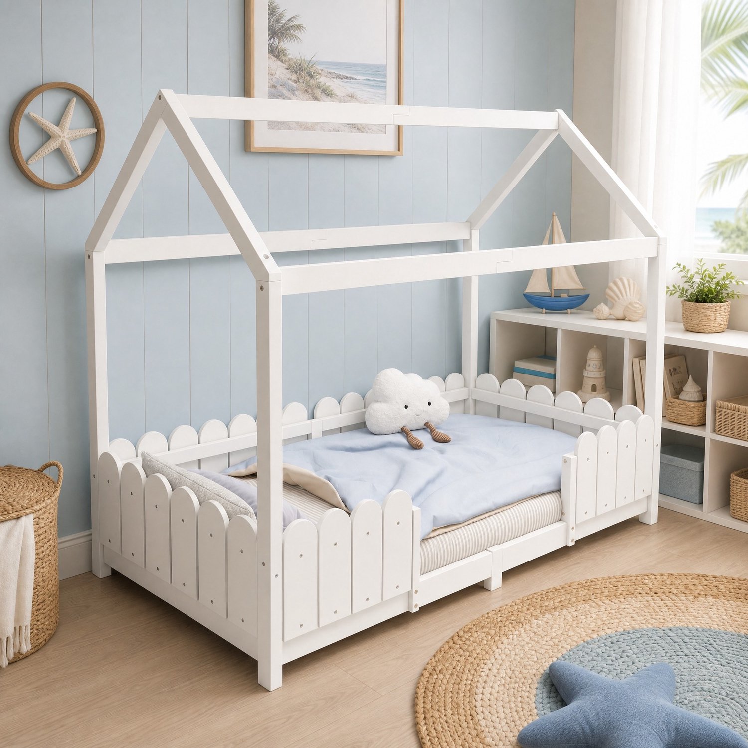 COVREO Kinderbed met uitvalbeveiliging – 90x200 cm – Huisbed met lattenbodem – Eenpersoonsbed voor kinderen – Wit - zonder matras
