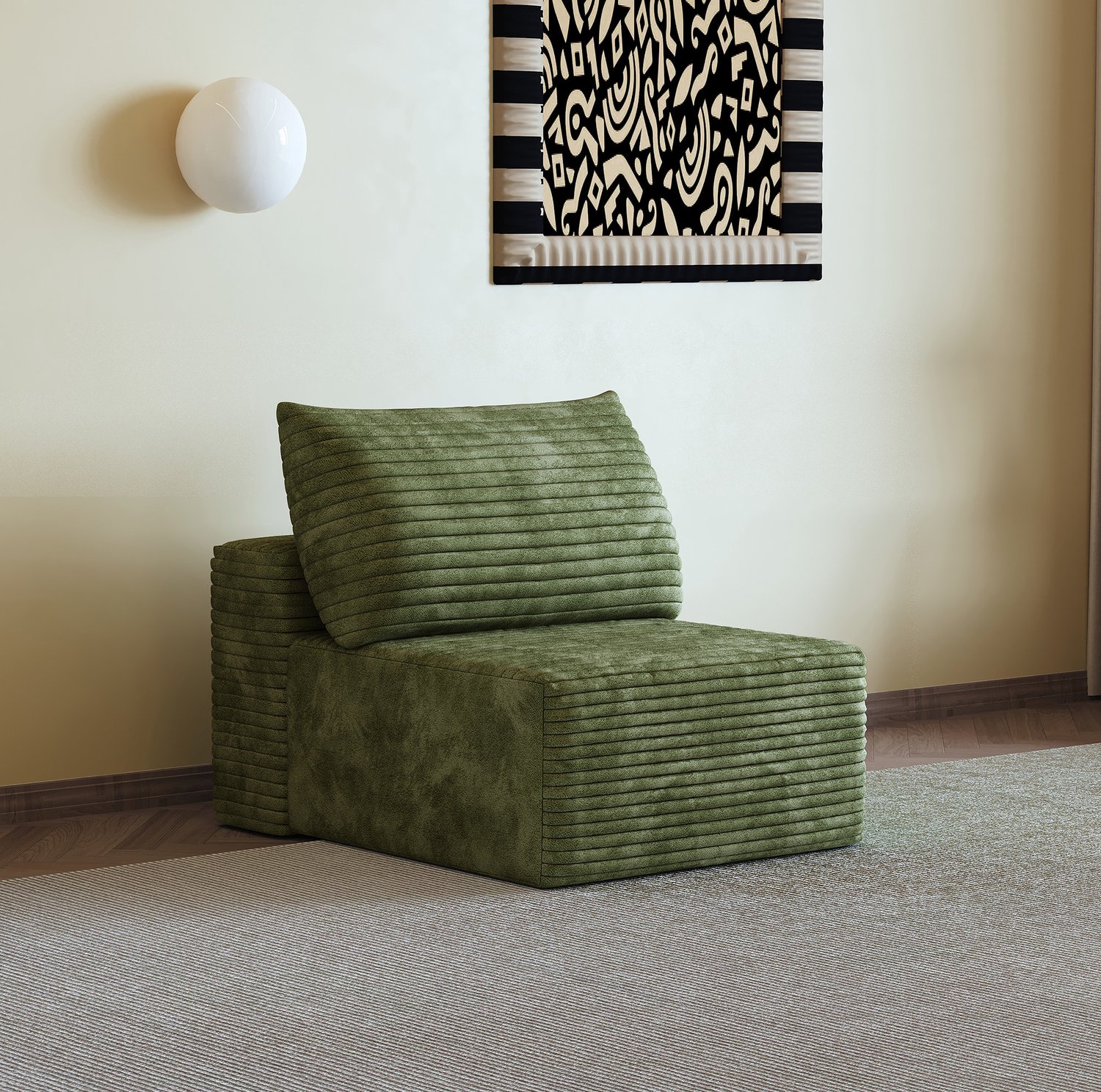 Wishdor Eenpersoons slaapbank - Zachte corduroystof - Slaapfunctie en modulaire opstelling - Gestreept design - Woonkamer slaapkamer appartement - Stof - Groen - 70 x 95 x 83 cm