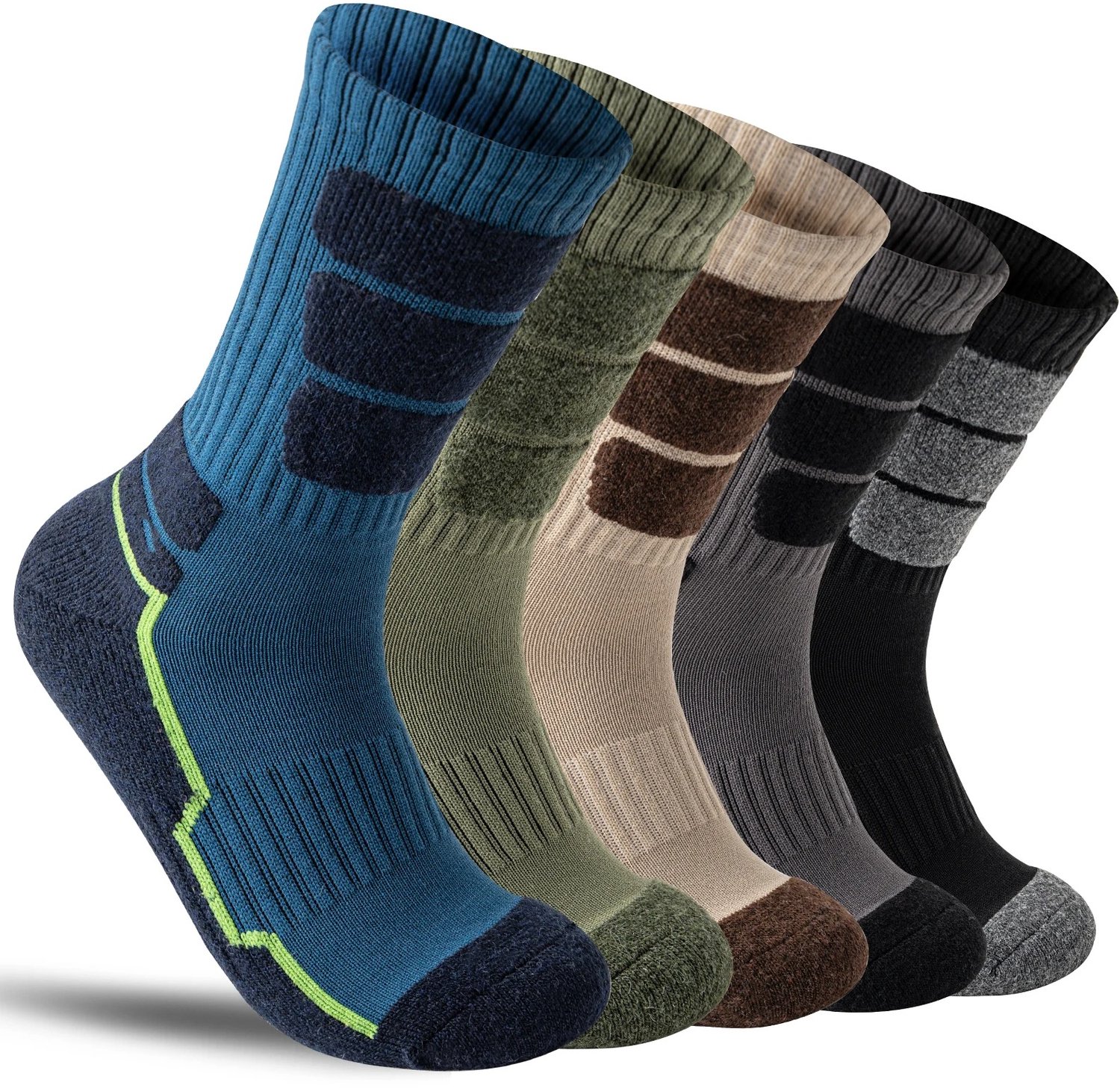 Evaux Boutique Merinowol wandelsokken 5 paar Unisex Compressieondersteuning Zweetabsorberend Ademend Dik kussen Multicolor