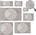 Verschillende formaten van grijs behang met geometrische cirkels en lijnen, bekeken door een vergrootglas.