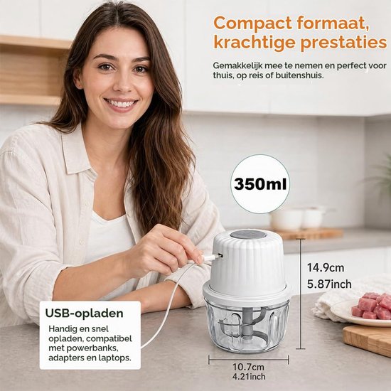 Elektrische keukenhakselaar, 400 ml, draadloze uiensnijder, met USB-oplading, groentesnijder, mini-keukenmachine voor vlees, noten, fruit, uien — afbeelding 2