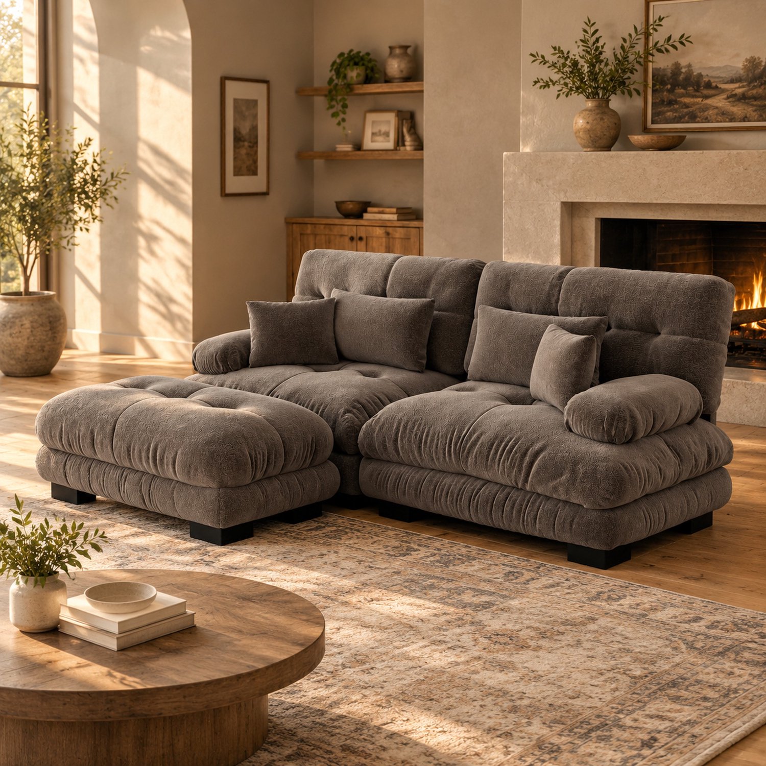 WUVRIE Modulaire hoekbank 220x145 cm - Met beweegbare ottoman en 4 kussens - Bruin