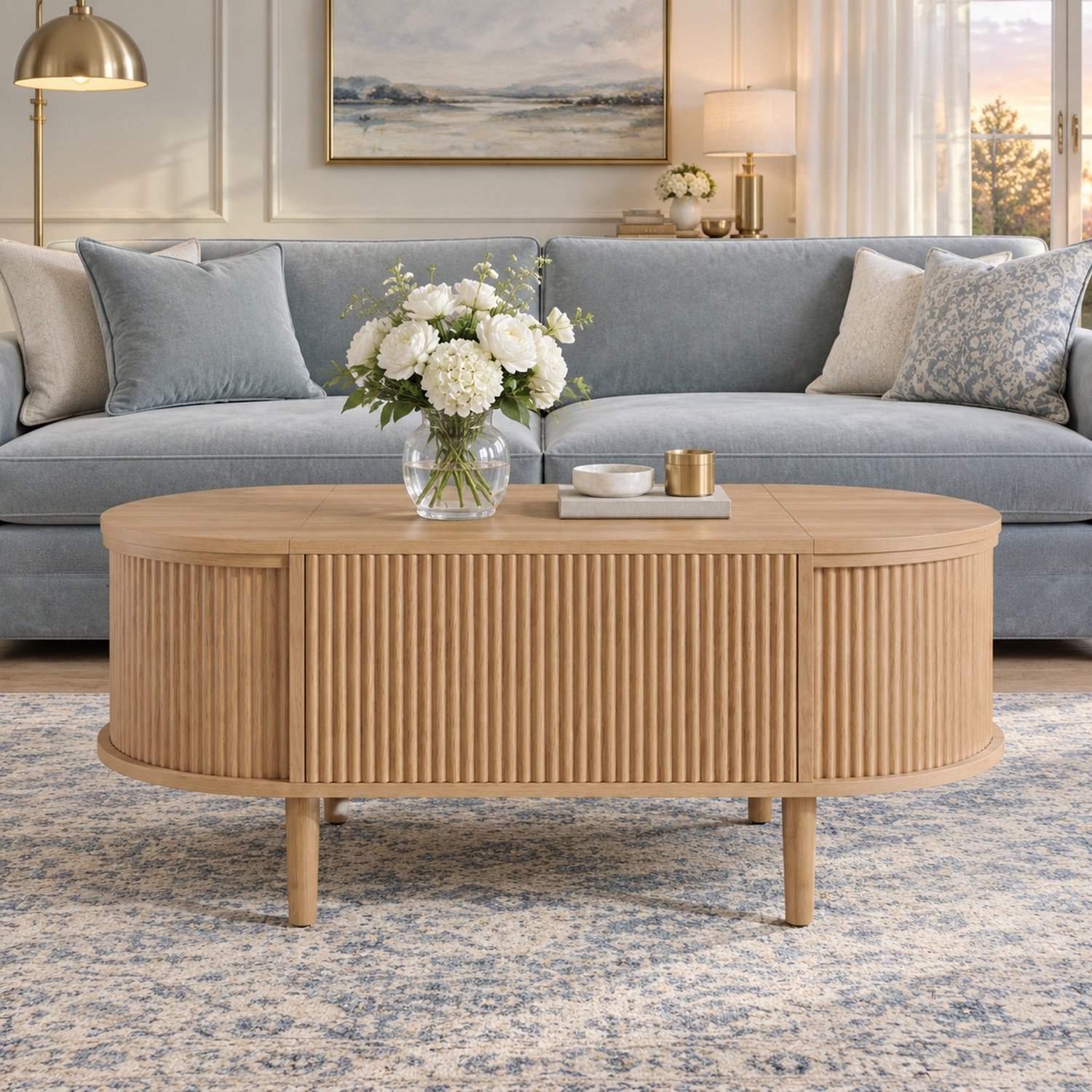Maisentiel Ovale salontafel 100 x 48 cm met verstelbaar blad en opbergruimte, MDF, eikenkleur