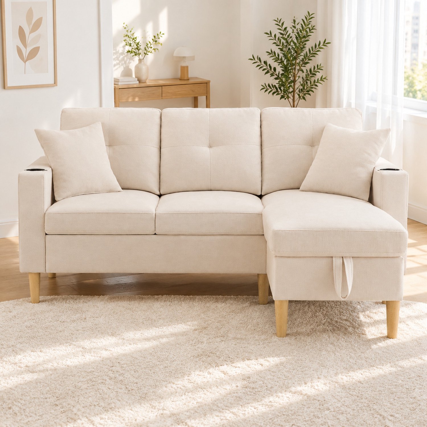 WUVRIE Hoekbank 175x129 cm - 3-zits met chaise longue, opbergruimte en bekerhouders - Beige